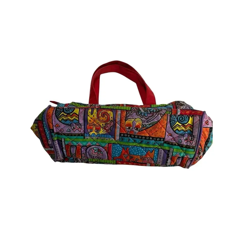 Laurel Burch Colorful Cat Print Quilted Shoulder Tote Bag Purse Whimsical Art